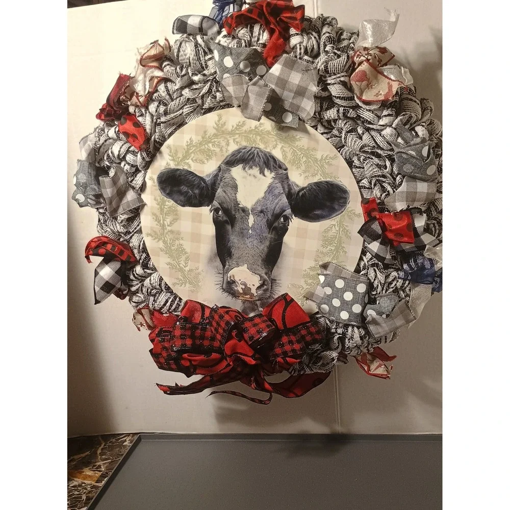 Handmade Cow Wreath Unisex Large Black White Excellent Farmhouse Plaid Mesh
